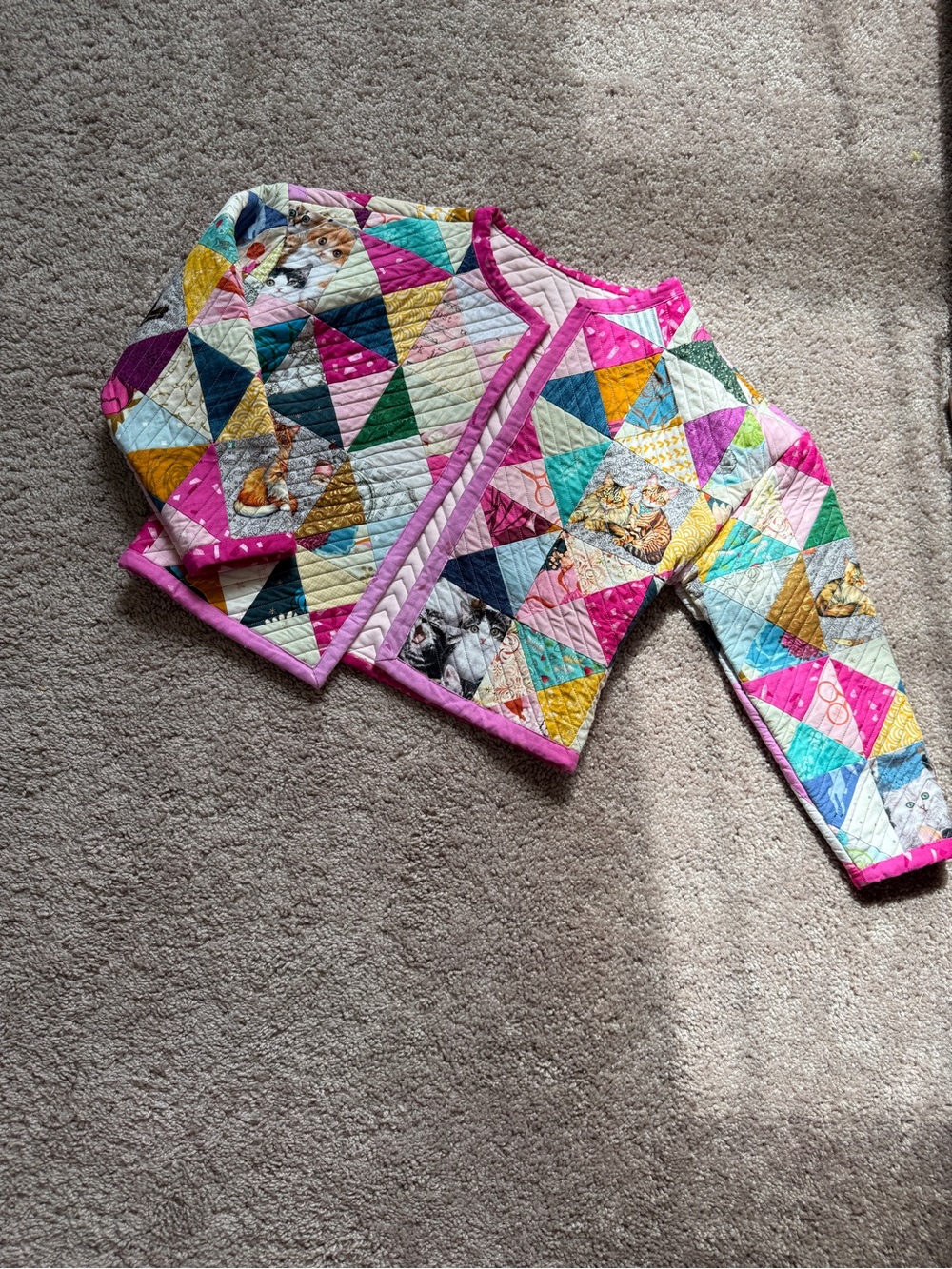 Girls handmade Colorful Triangle Patchwork Quilted Jacket with Kitty cat print